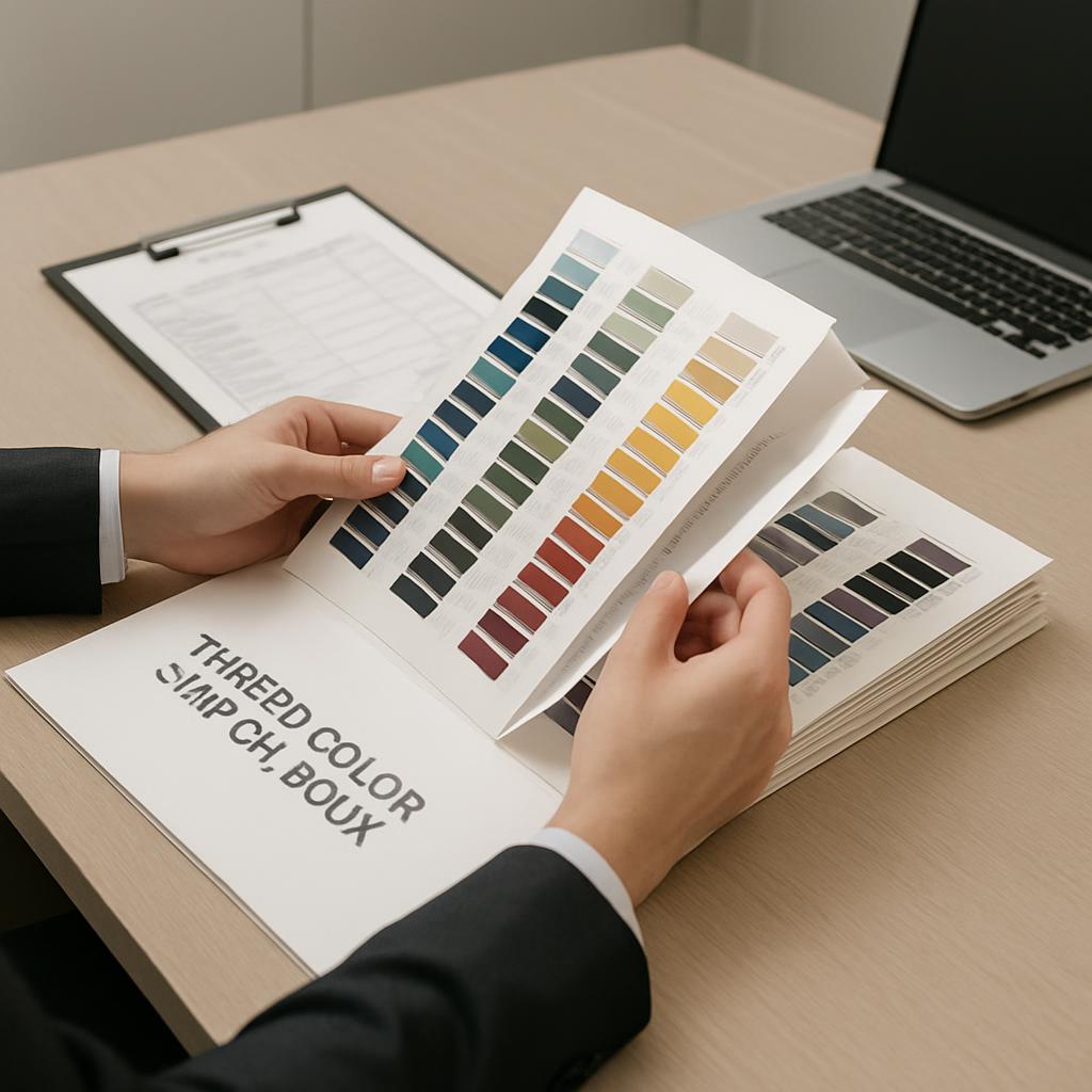 This image depicts a person dressed in a formal attire, tucked suit coat fully visible, carefully selecting a color from a...