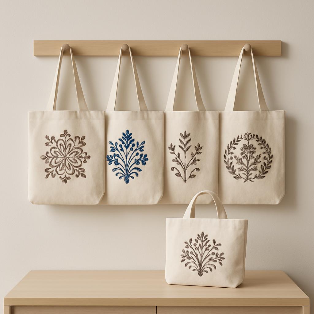 Dutch Vilten zakken tobehanger met verschillende patronen. Er zit een wit zak op een wit kastje met een bos bloemen, met w...