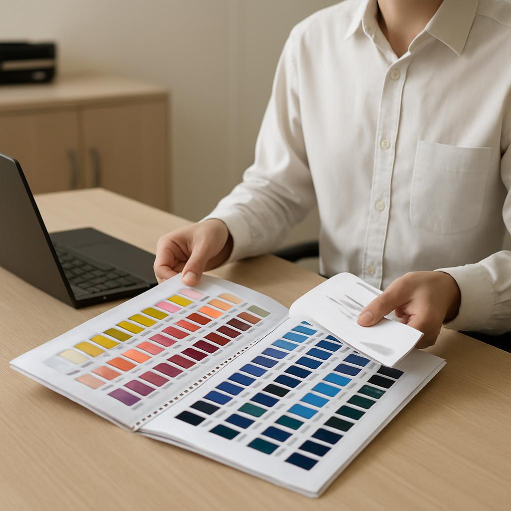 A man sits at a light-tan wooden desk with an open book-style catalog featuring two pages of palate swatches and a laptop ...