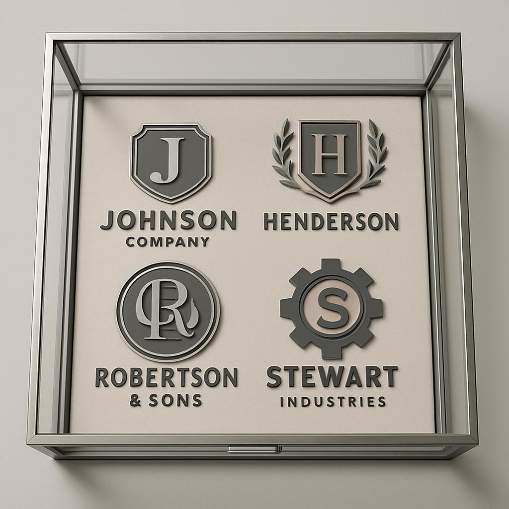 The image shows a logo design sample of various fictional companies.